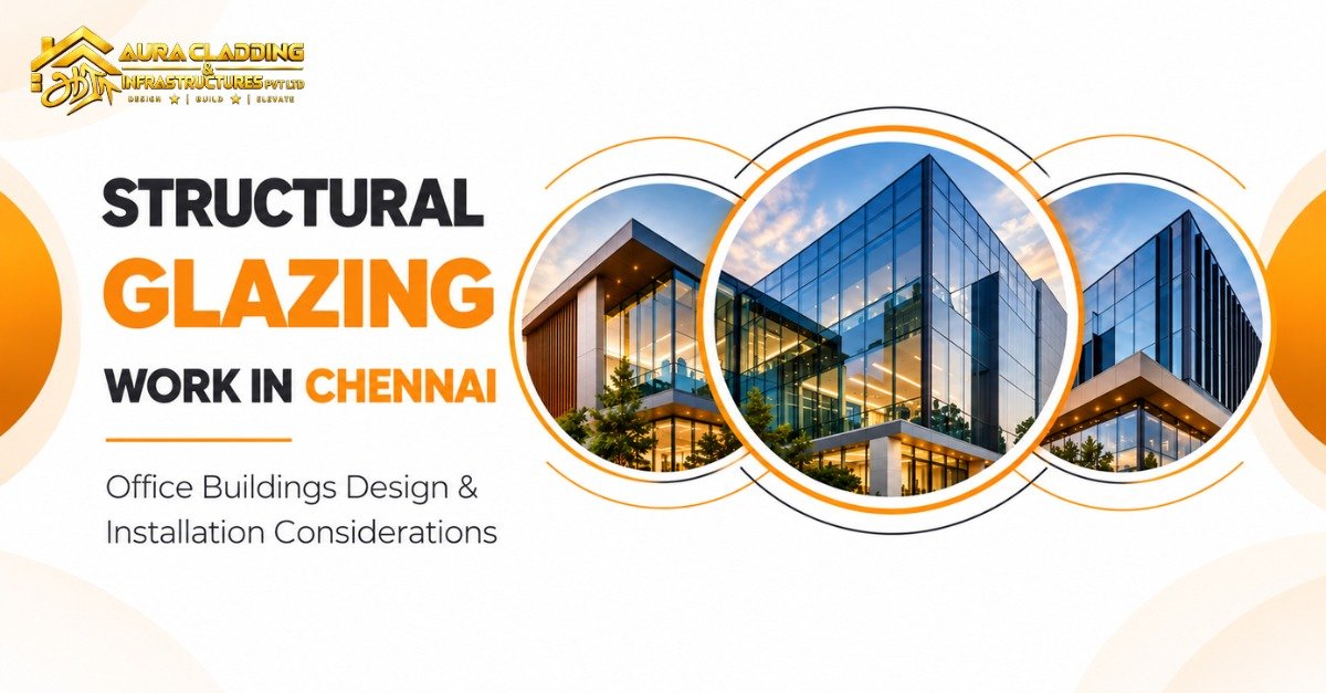 Modern structural glazing glass facade on an office building in Chennai